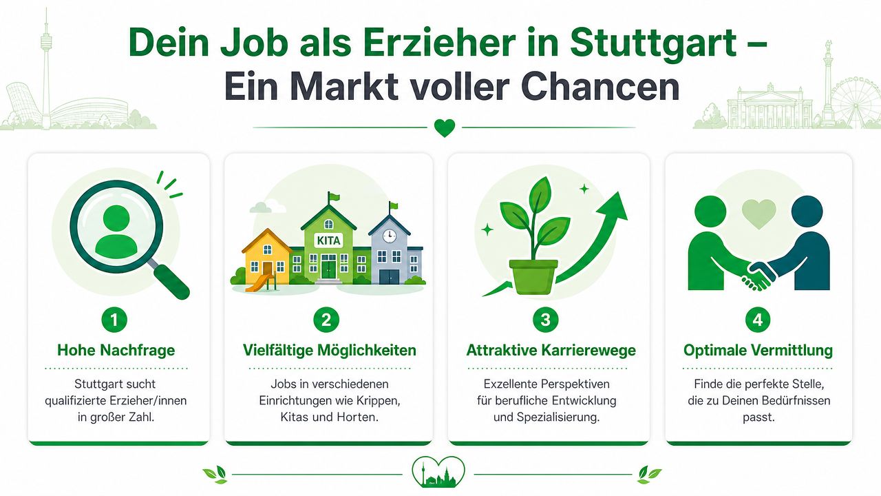 Eine Infografik mit vier Punkten zu den Vorteilen als Erzieher in Stuttgart zu arbeiten.