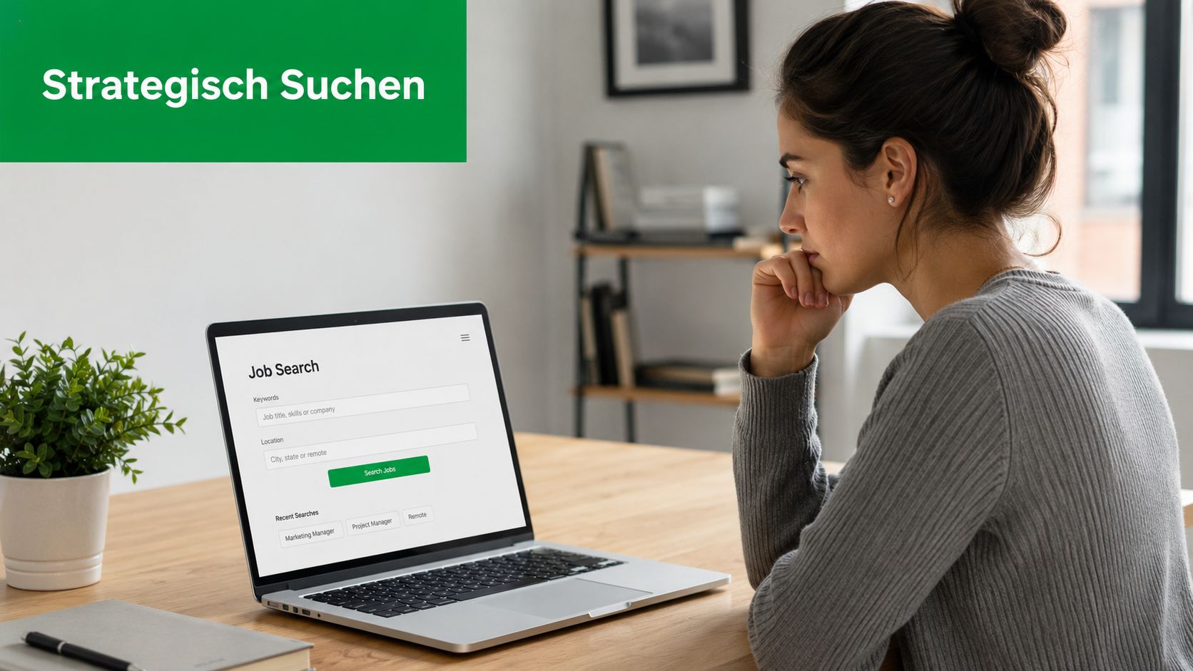 Eine Frau sitzt konzentriert vor einem Laptop und sucht nach neuen beruflichen Herausforderungen im Internet.