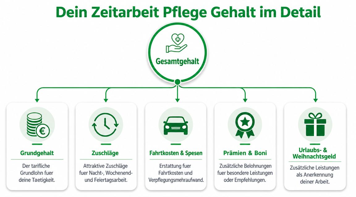 Infografik zum Gehalt in der Zeitarbeit Pflege, aufgeteilt in Grundgehalt, Zuschläge, Fahrtkosten, Prämien und Sonderzahlungen.