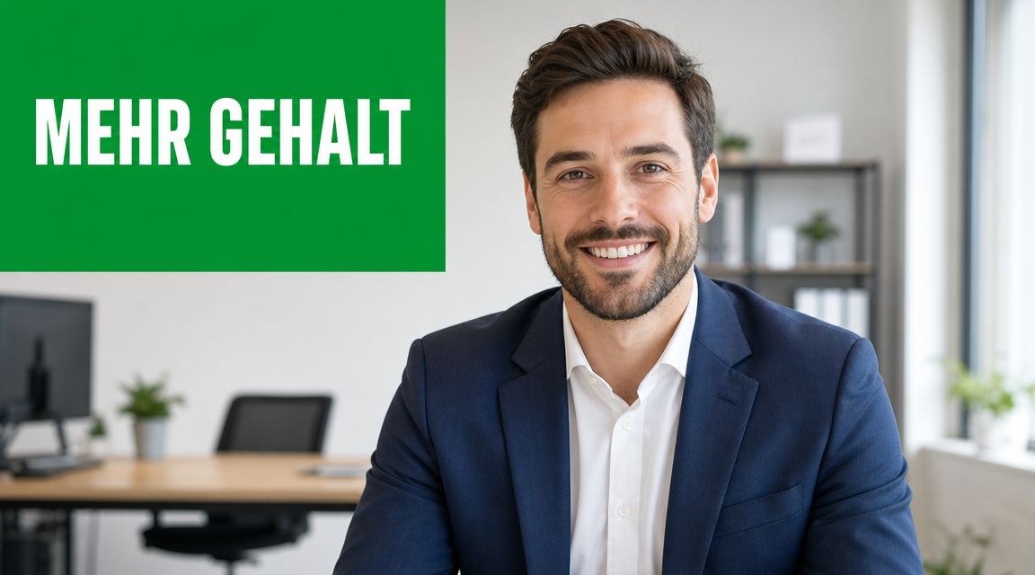 Ein lächelnder Geschäftsmann im Anzug vor einem grünen Hintergrund mit dem Text Mehr Gehalt.