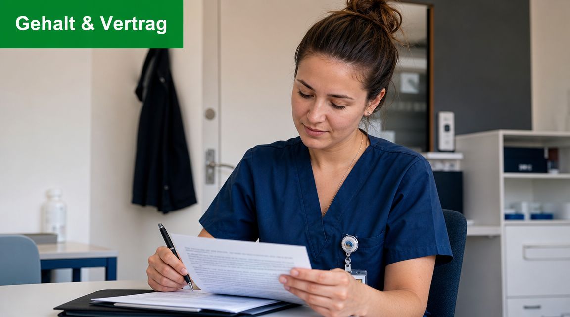 Eine junge Pflegerin sitzt am Schreibtisch und liest aufmerksam wichtige Unterlagen zu Gehalt und Vertrag durch.