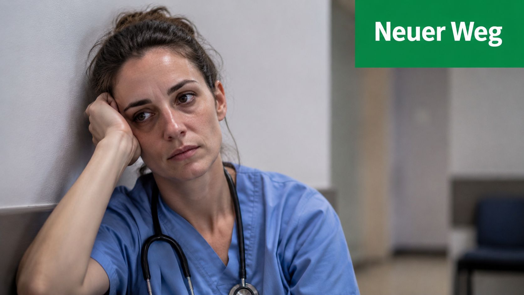 Eine erschöpfte Krankenschwester lehnt sich müde an eine Krankenhauswand und trägt eine blaue Arbeitskleidung mit einem Stethoskop.