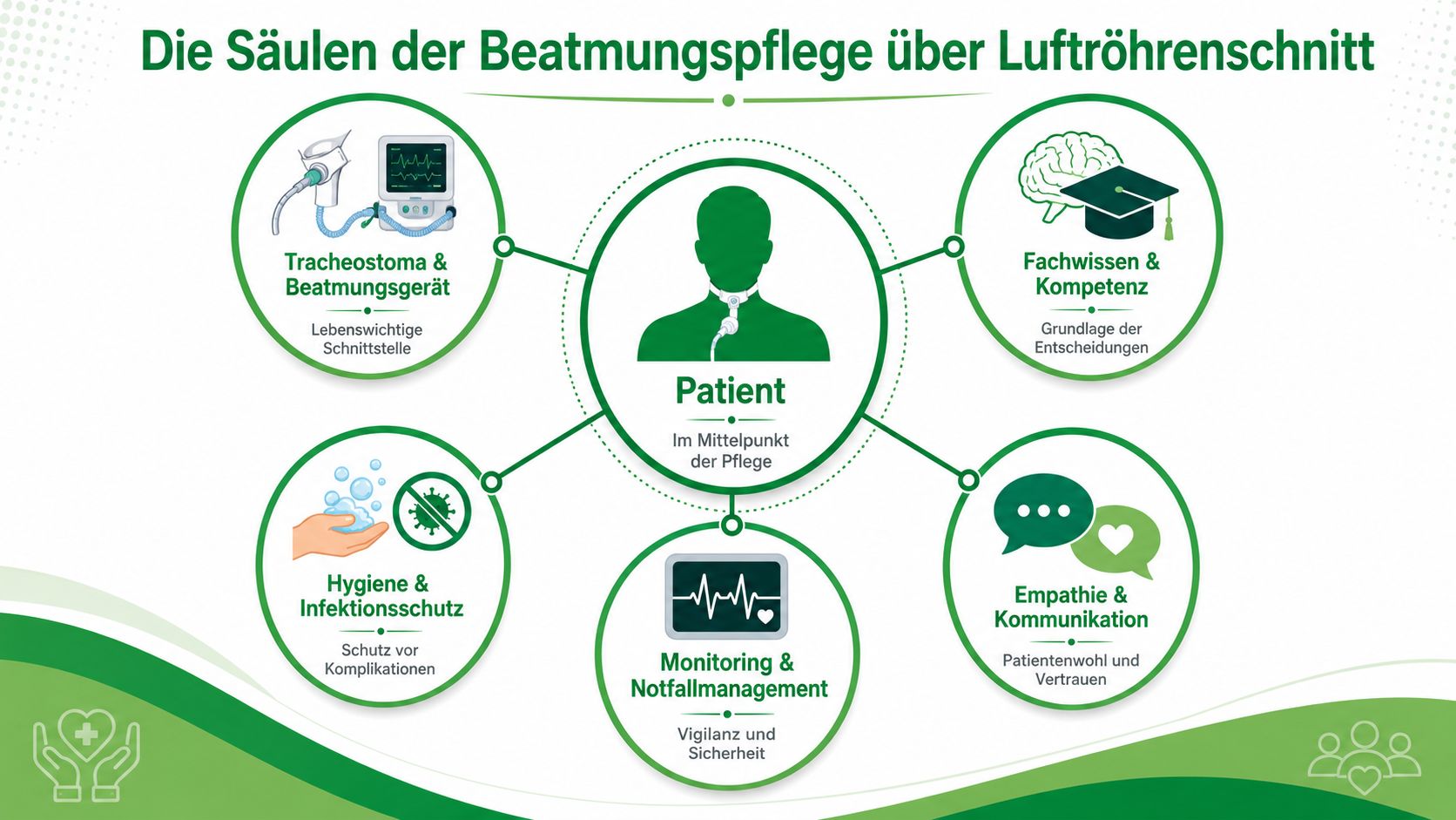 Eine Infografik über die fünf Säulen der professionellen Beatmungspflege bei Patienten mit einem Luftröhrenschnitt.