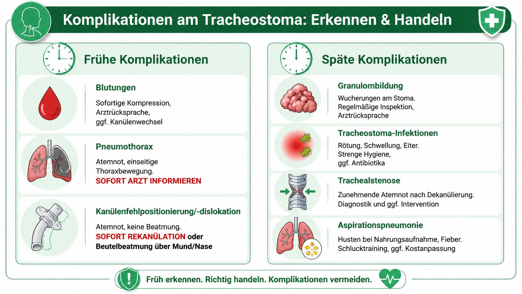 Übersicht zu Symptomen und Maßnahmen bei frühen und späten Komplikationen eines Tracheostomas in einer medizinischen Infografik.