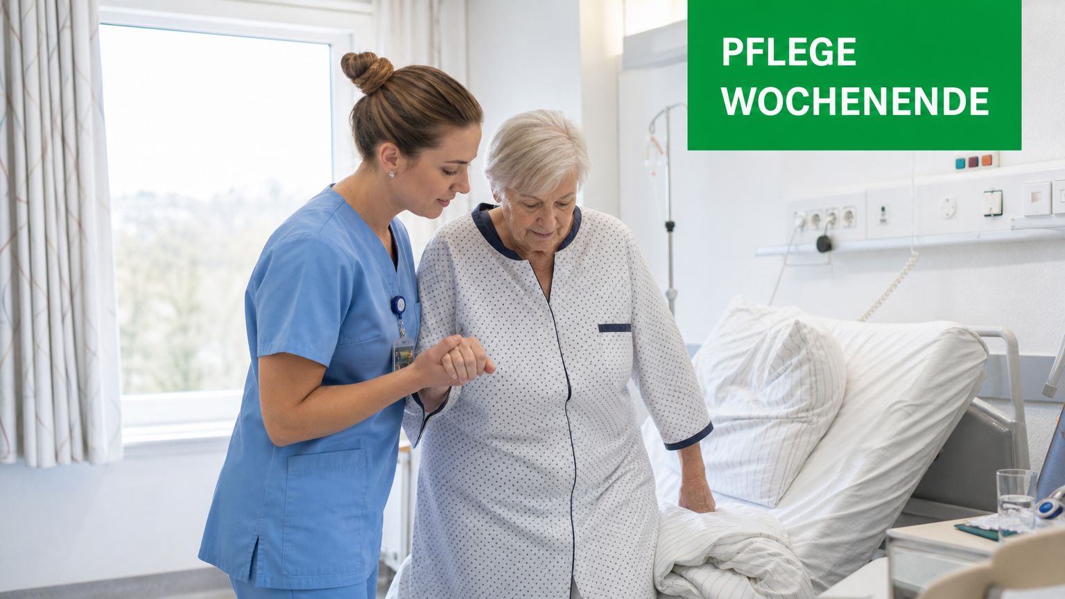 Eine freundliche Pflegekraft unterstützt eine ältere Patientin dabei, vorsichtig aus ihrem Krankenhausbett aufzustehen.