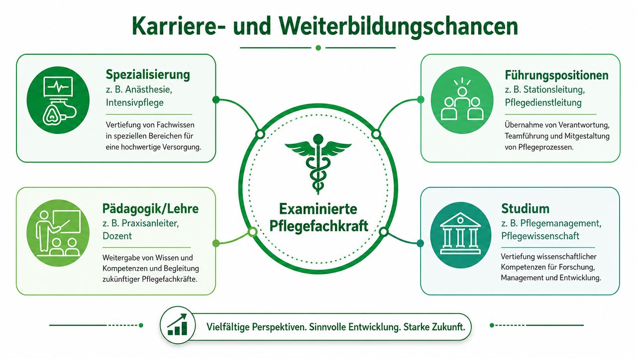Eine Infografik, die verschiedene Karriere- und Weiterbildungsmöglichkeiten für examinierte Pflegefachkräfte in Deutschland übersichtlich darstellt.