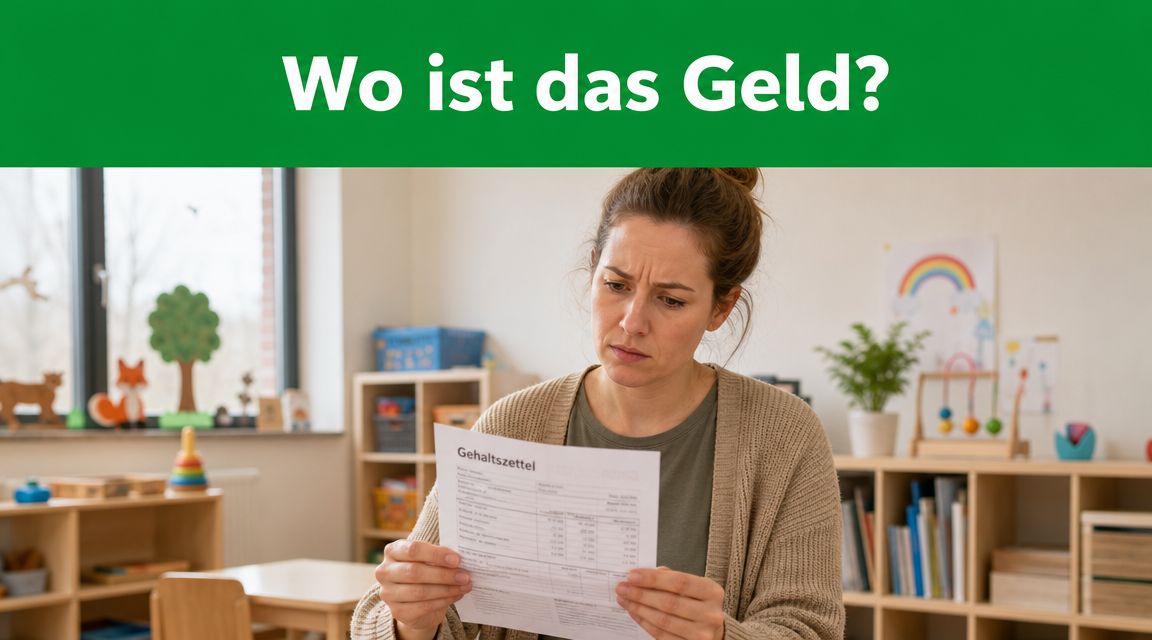 Eine nachdenkliche Erzieherin betrachtet kritisch ihren Gehaltszettel in einem bunten Gruppenraum einer Kindertagesstätte.