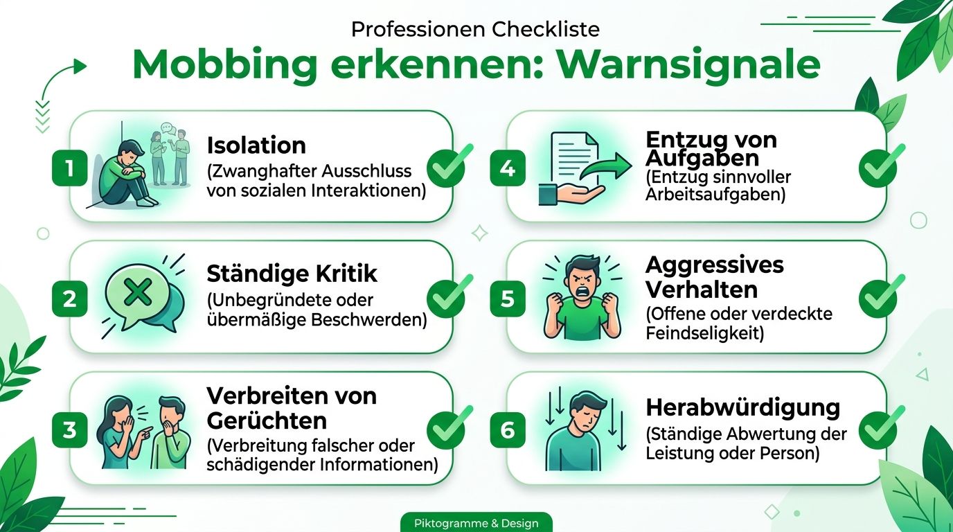 Infografik zur Erkennung von Mobbing am Arbeitsplatz mit sechs verschiedenen Warnsignalen und kurzen Erklärungen.