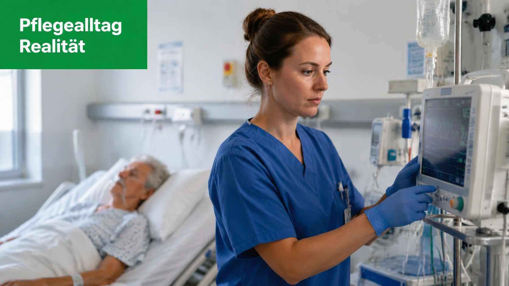 Eine Krankenschwester überwacht die Vitalwerte eines älteren Patienten auf einer medizinischen Intensivstation mit technischer Ausrüstung.