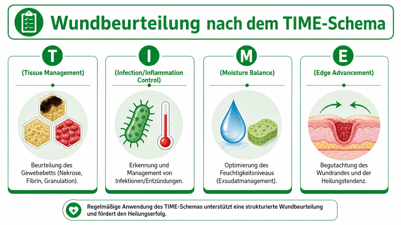 Infografik zum TIME-Schema für die professionelle Wundbeurteilung und Wundversorgung in der Pflege.