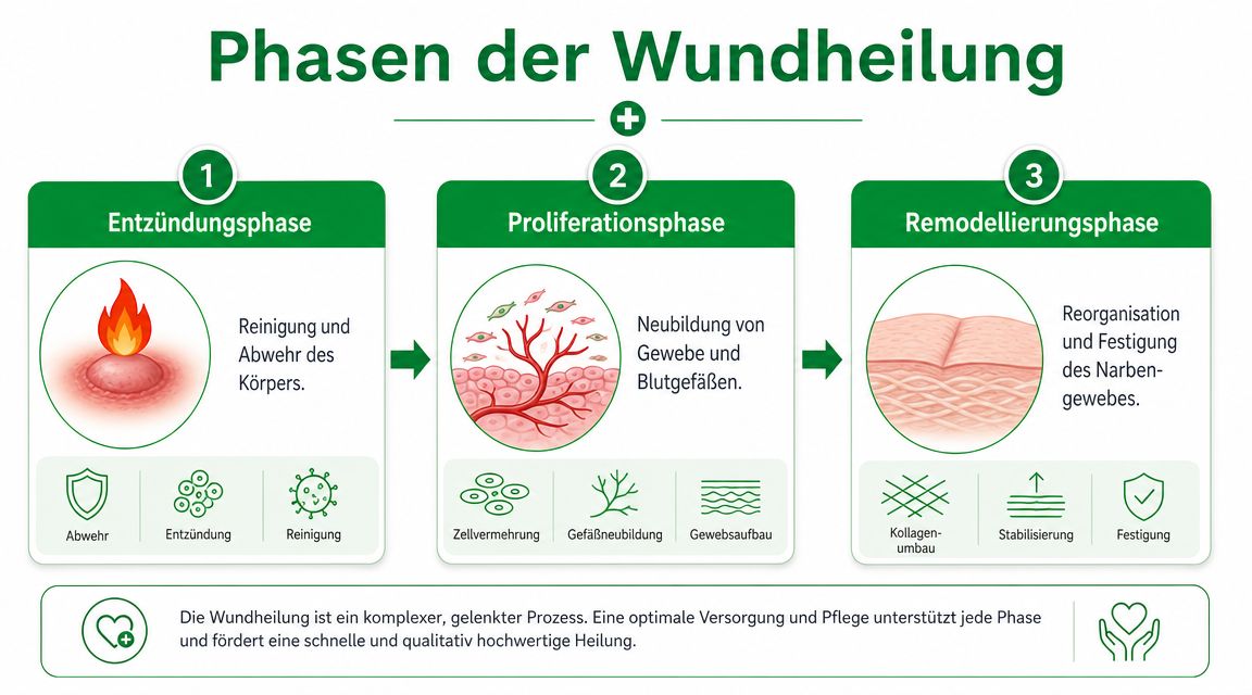 Infografik über die drei Phasen der Wundheilung: Entzündungsphase, Proliferationsphase und Remodellierungsphase mit Erklärungen zum Heilungsprozess.