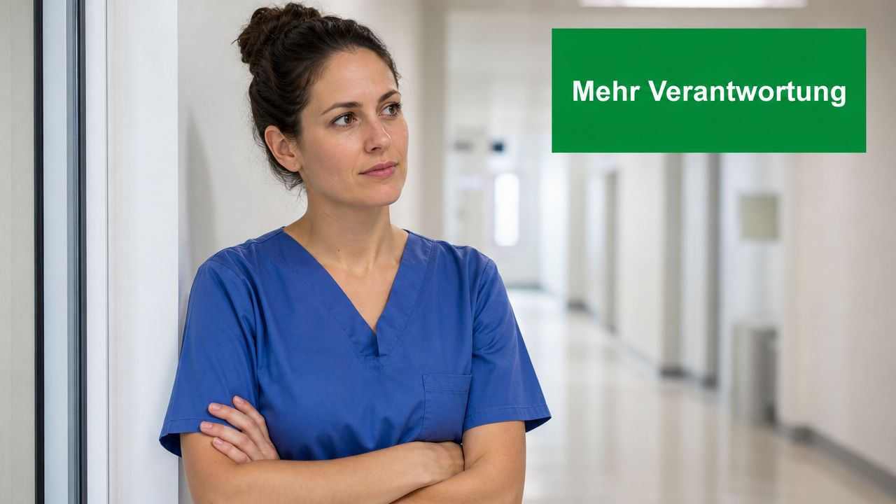 Eine nachdenkliche Krankenschwester oder Anästhesieassistentin steht in einem Krankenhausflur vor einem grünen Schild mit Text.