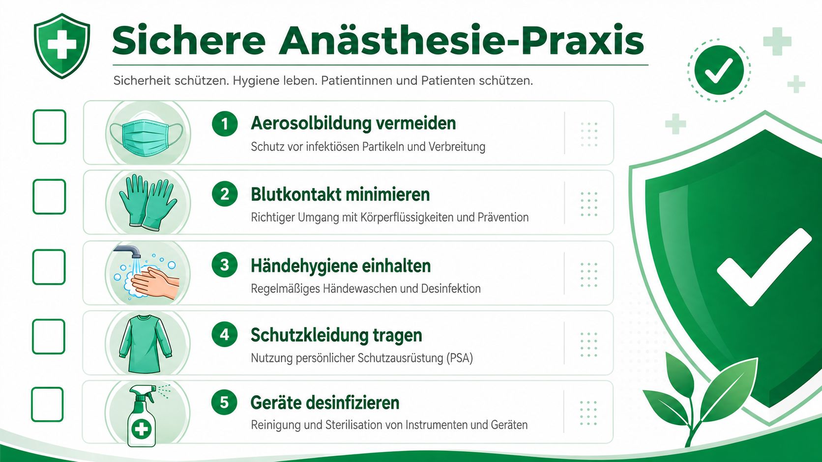 Eine Infografik zur sicheren Anästhesie-Praxis mit fünf wichtigen Hygienemaßnahmen für medizinisches Personal zur Patientensicherheit.