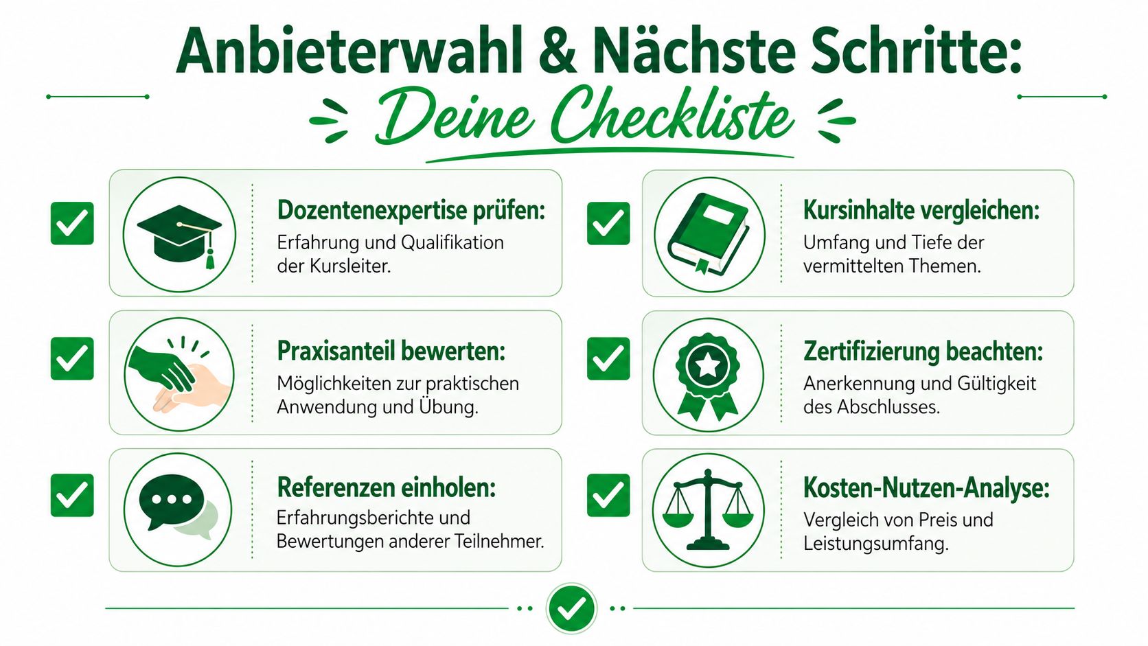 Eine Checkliste für die Auswahl von Weiterbildungsanbietern mit Kriterien wie Dozentenkompetenz, Kursinhalten, Praxisanteilen und Zertifizierungen.