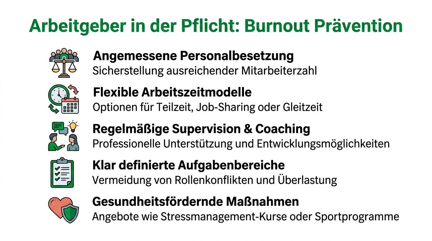 Eine Infografik, die fünf wichtige Maßnahmen für Arbeitgeber zur Burnout-Prävention am Arbeitsplatz übersichtlich auflistet.