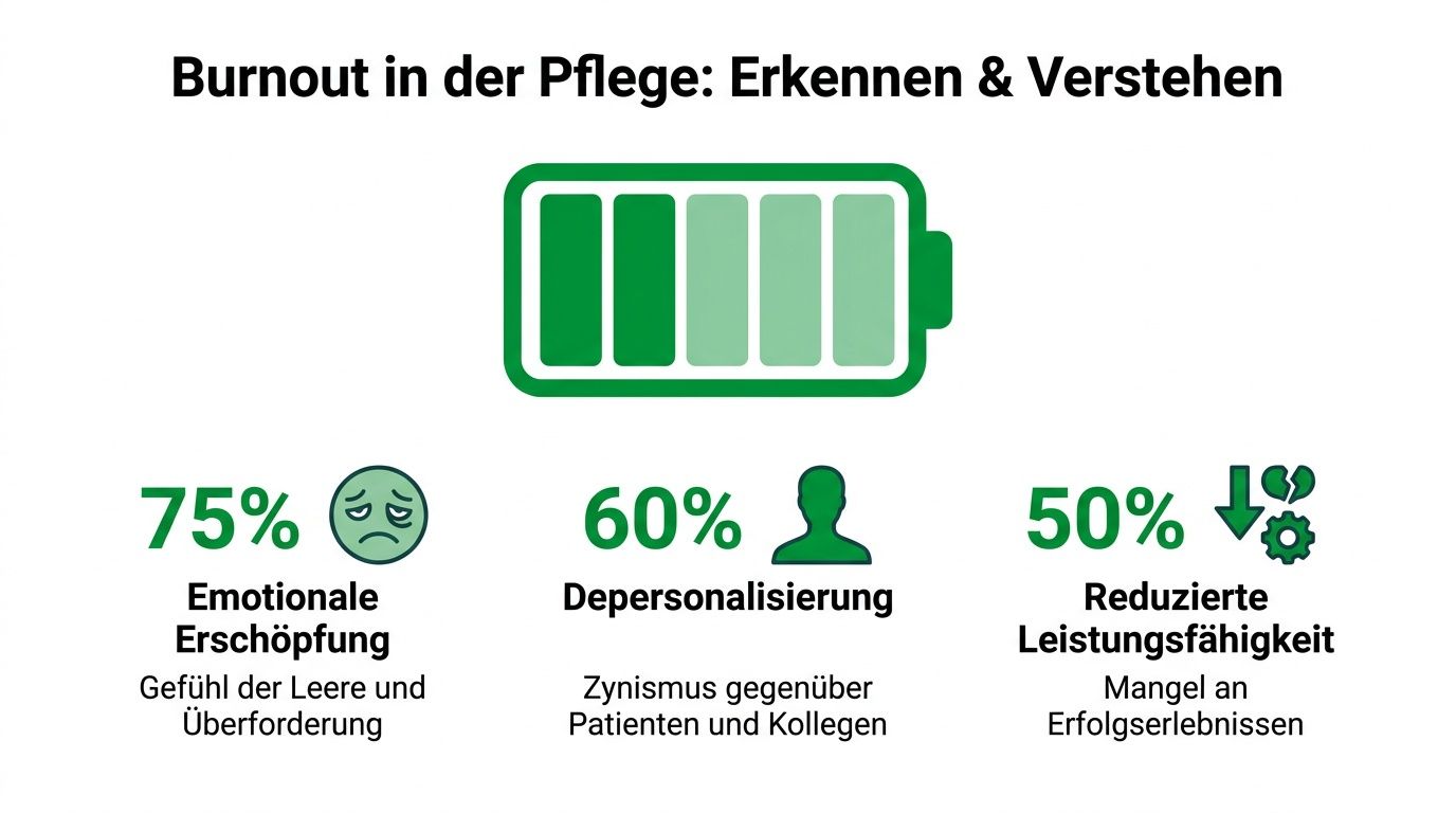 Eine Infografik über Burnout in der Pflege mit Statistiken zu emotionaler Erschöpfung, Depersonalisierung und reduzierter Leistungsfähigkeit.