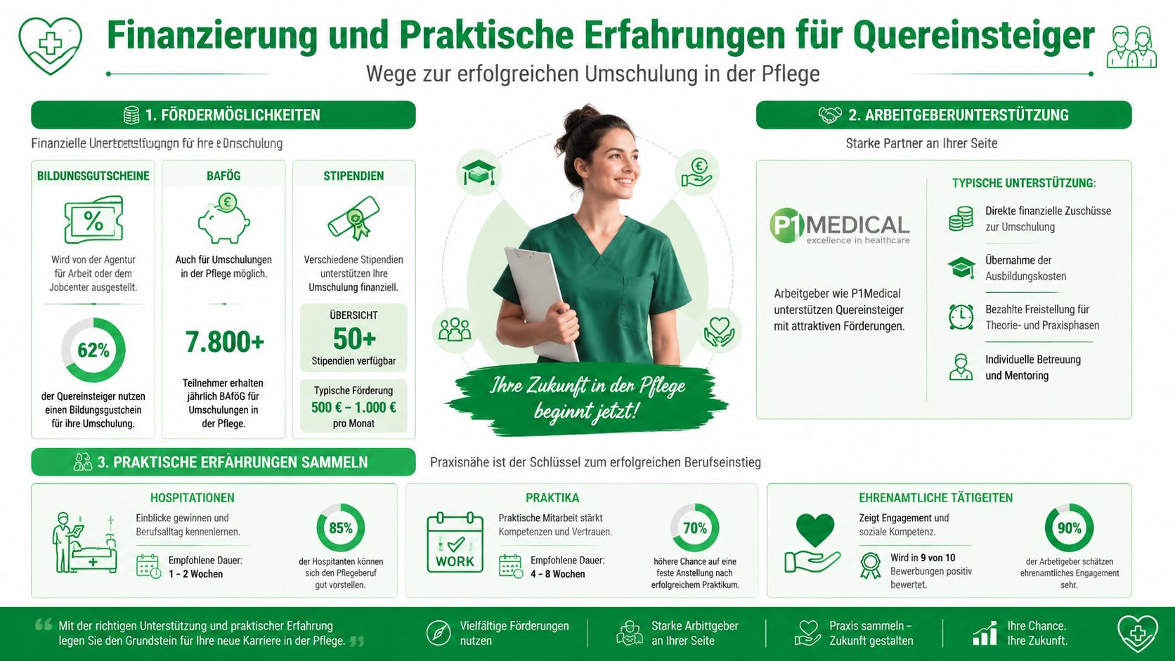 Infografik zur Finanzierung und praktischen Erfahrung für Quereinsteiger im Pflegeberuf mit Tipps zu Förderungen und Ausbildungsmöglichkeiten.
