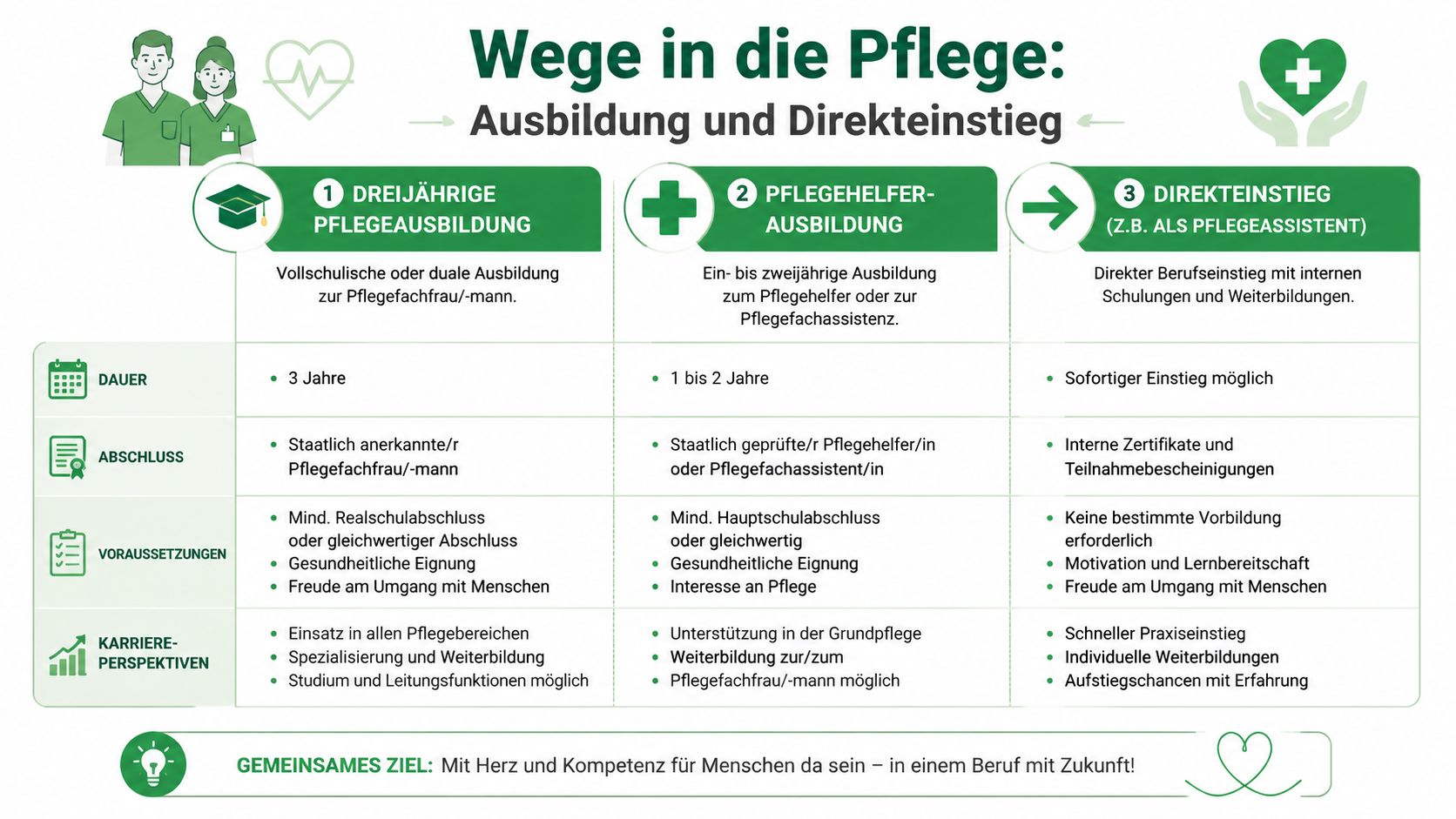 Eine Infografik zeigt die drei verschiedenen Wege in die Pflege: Ausbildung, Pflegehelfer-Ausbildung und Direkteinstieg.