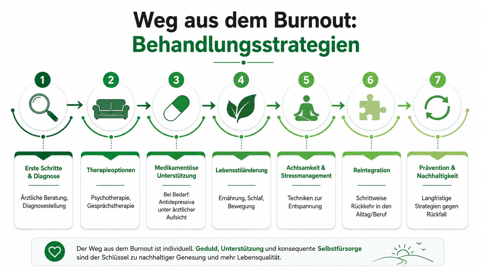 Eine Infografik mit sieben Schritten zur Bewältigung von Burnout, von der Diagnose bis zur langfristigen Prävention.