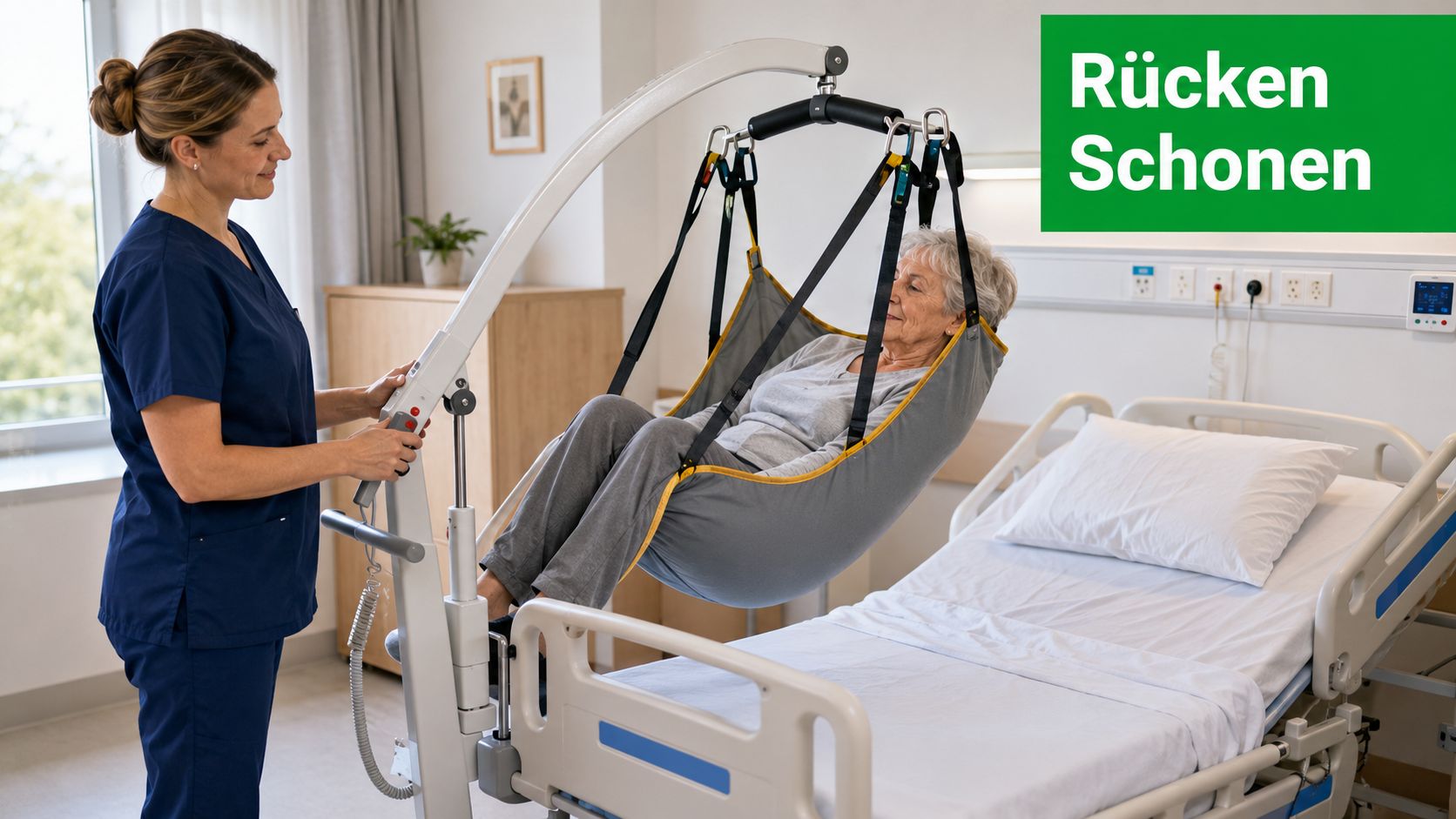 Eine Pflegekraft nutzt einen Personenlifter, um eine ältere Patientin sicher und rückenschonend aus dem Bett zu heben.