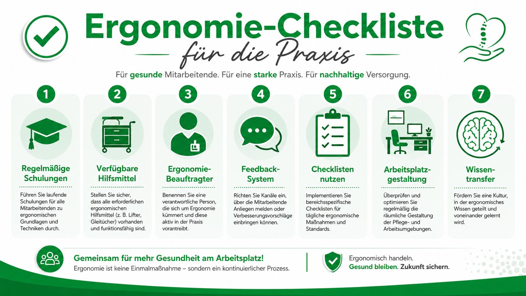 Eine Infografik mit sieben Schritten zur Verbesserung der Ergonomie am Arbeitsplatz im Gesundheitswesen und in der Pflege.