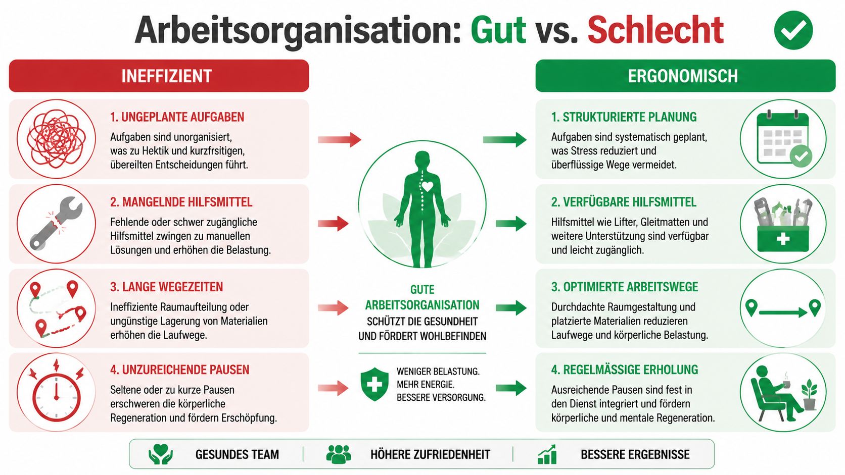 Vergleichsgrafik zwischen ineffizienter und ergonomischer Arbeitsorganisation im Gesundheitswesen zur Förderung der Mitarbeitergesundheit und Produktivität.