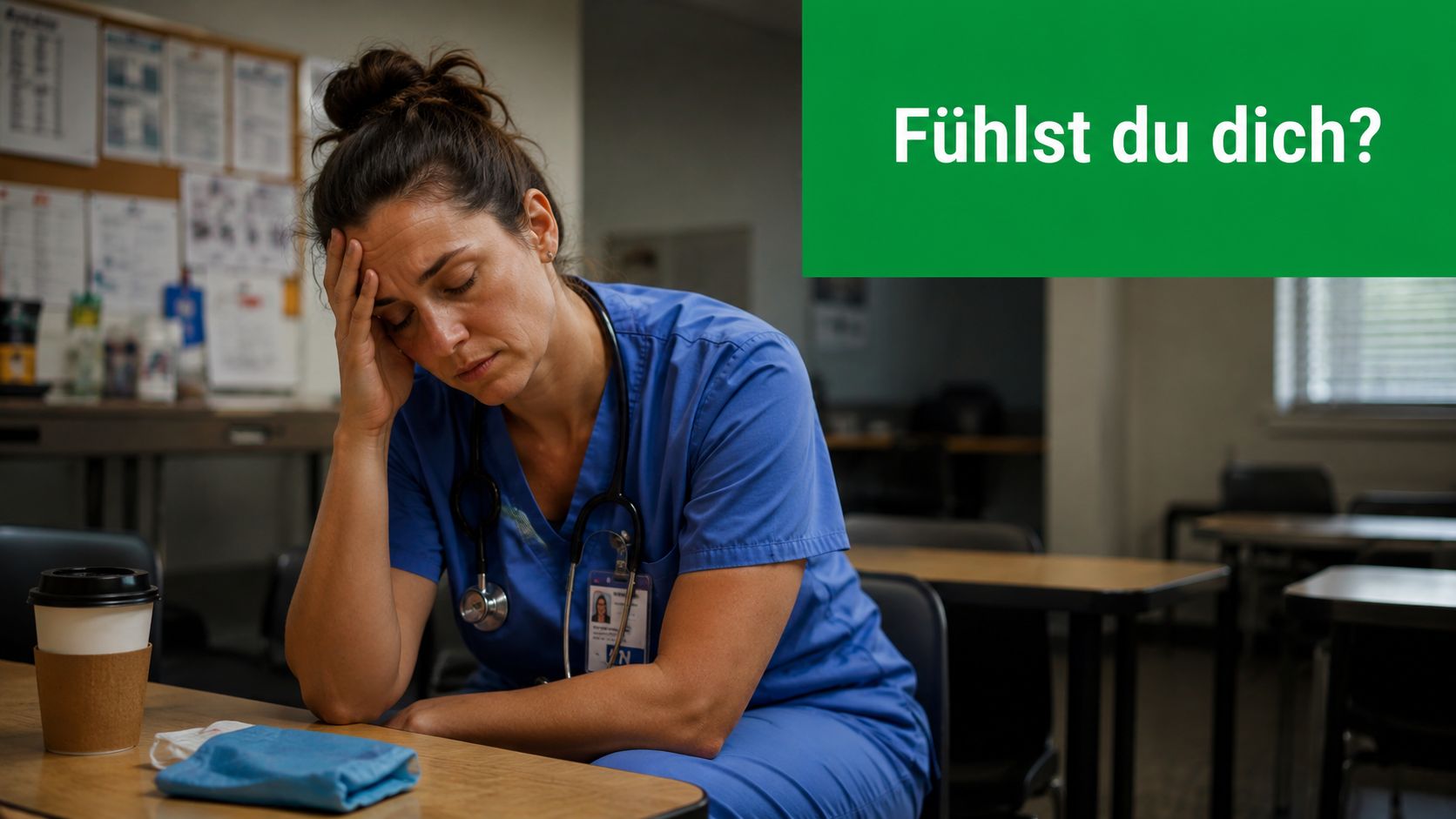 Eine erschöpfte Krankenschwester sitzt nachdenklich am Tisch in einem Krankenhaus mit der Frage Fühlst du dich?