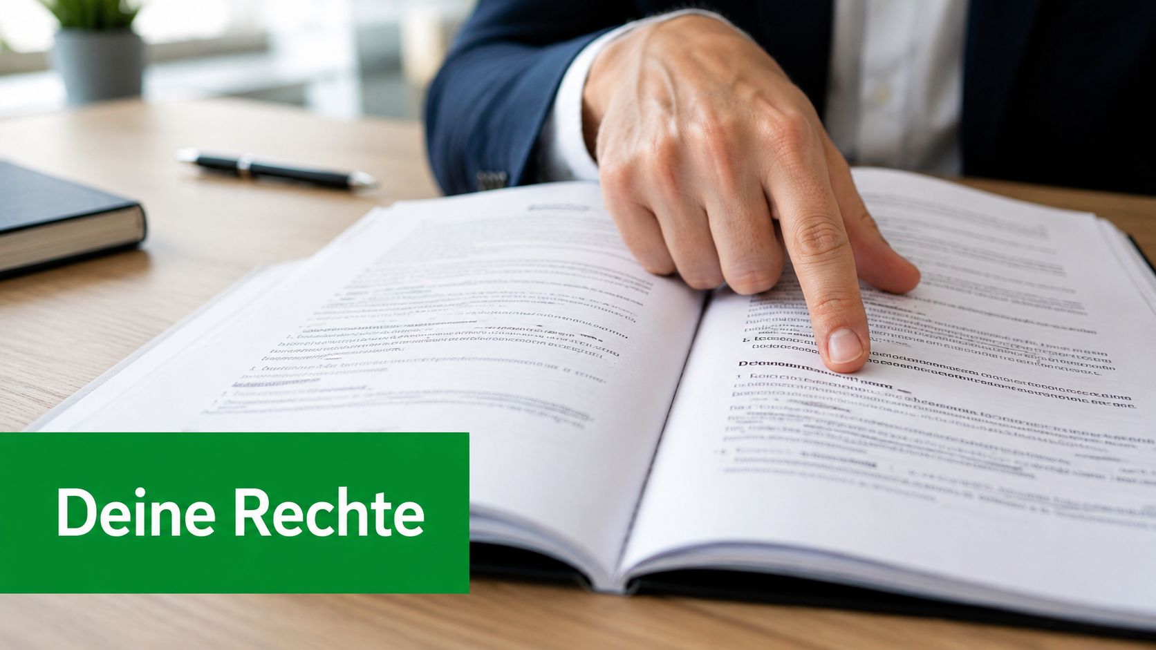 Ein Geschäftsmann liest in einem großen Buch, während das grüne Textfeld den Begriff Deine Rechte hervorhebt.