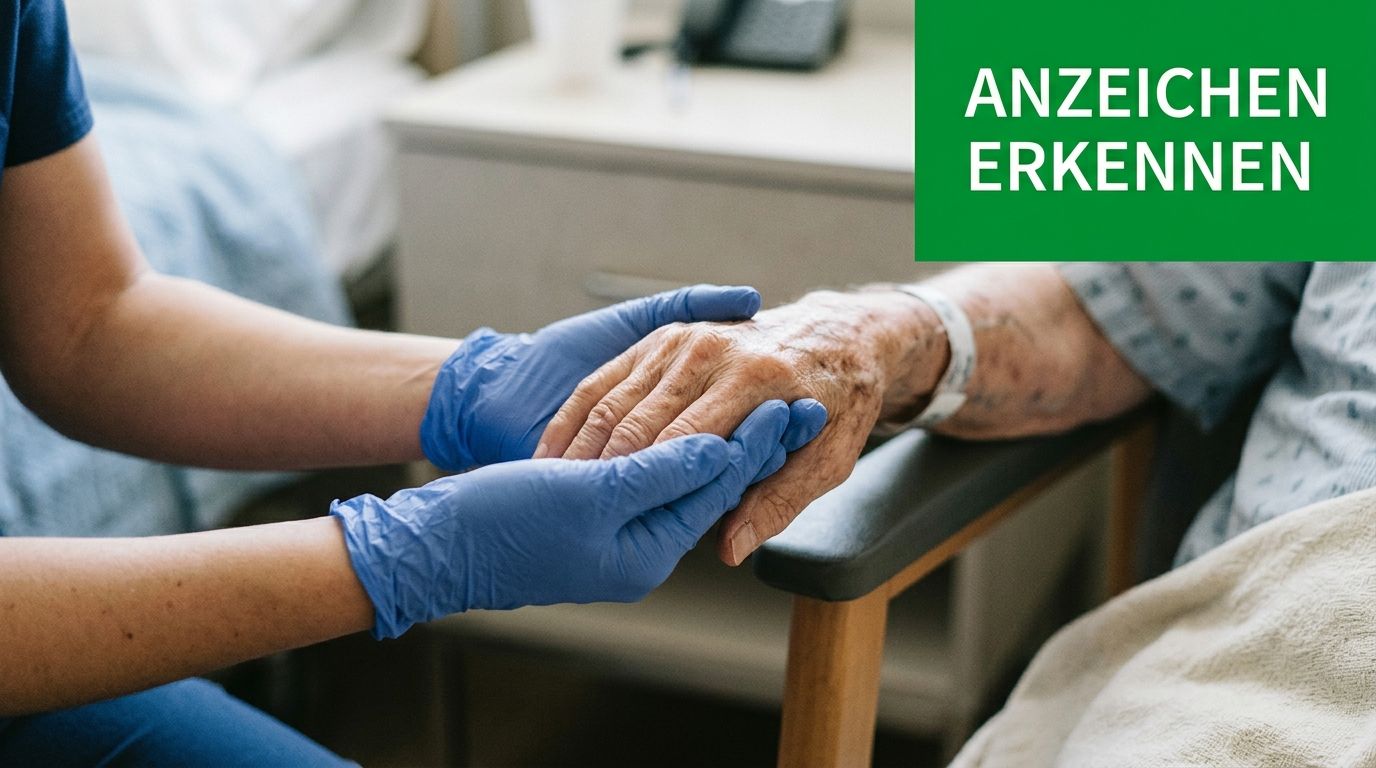 Eine Pflegekraft mit blauen Handschuhen hält unterstützend und fürsorglich die Hand eines älteren Menschen in einem Krankenhaus.