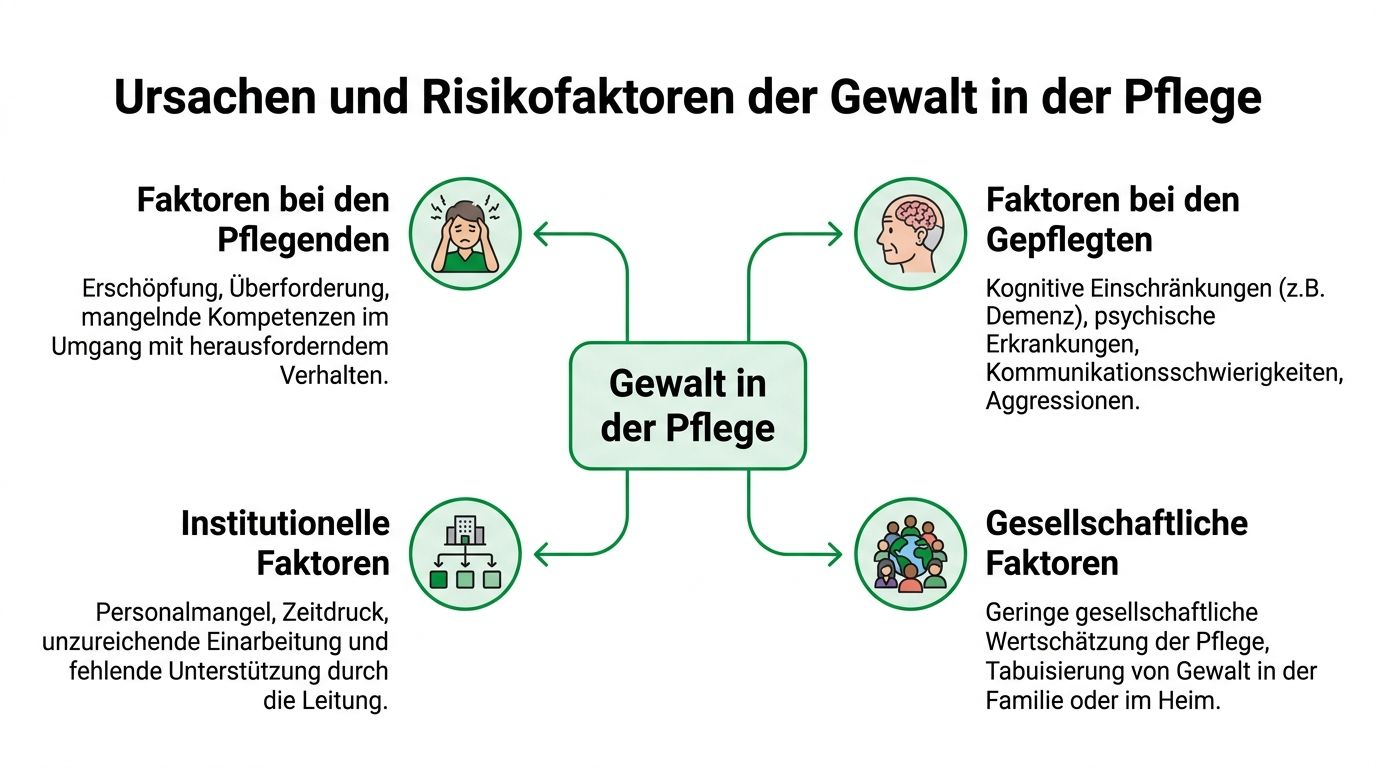 Übersichtsgrafik zu den vier Ursachenbereichen und Risikofaktoren von Gewalt in der professionellen Pflege und Betreuung.