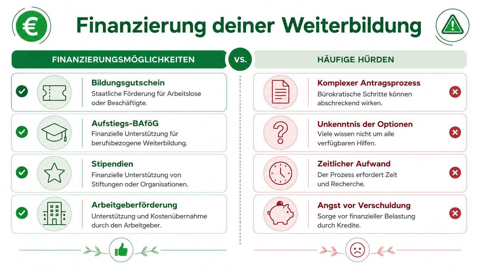 Übersicht zu Finanzierungsmöglichkeiten und häufigen Hürden bei der beruflichen Weiterbildung in Deutschland dargestellt als grafische Gegenüberstellung.