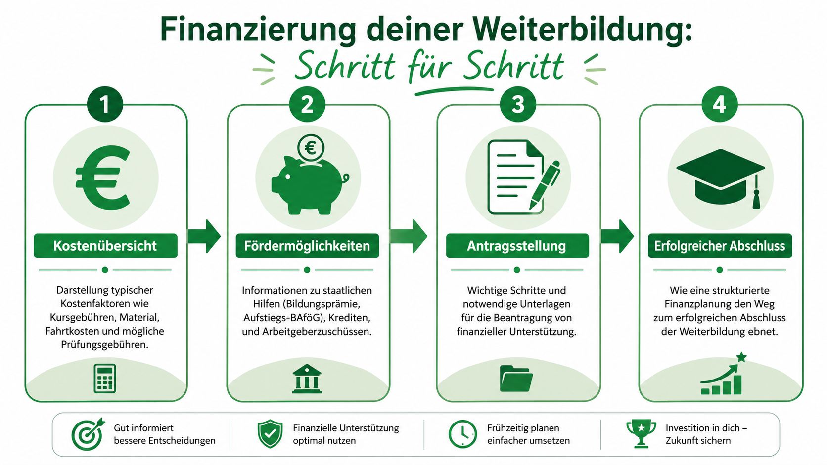 Eine Infografik mit vier Schritten zur finanziellen Planung einer Weiterbildung für medizinische Fachangestellte mit staatlichen Fördermöglichkeiten.
