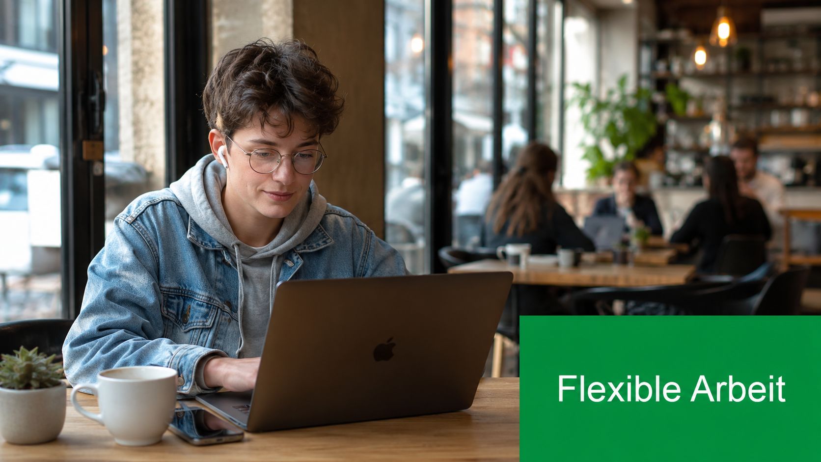 Ein junger Mensch arbeitet konzentriert mit einem Laptop in einem modernen Café mit einer Tasse Kaffee.
