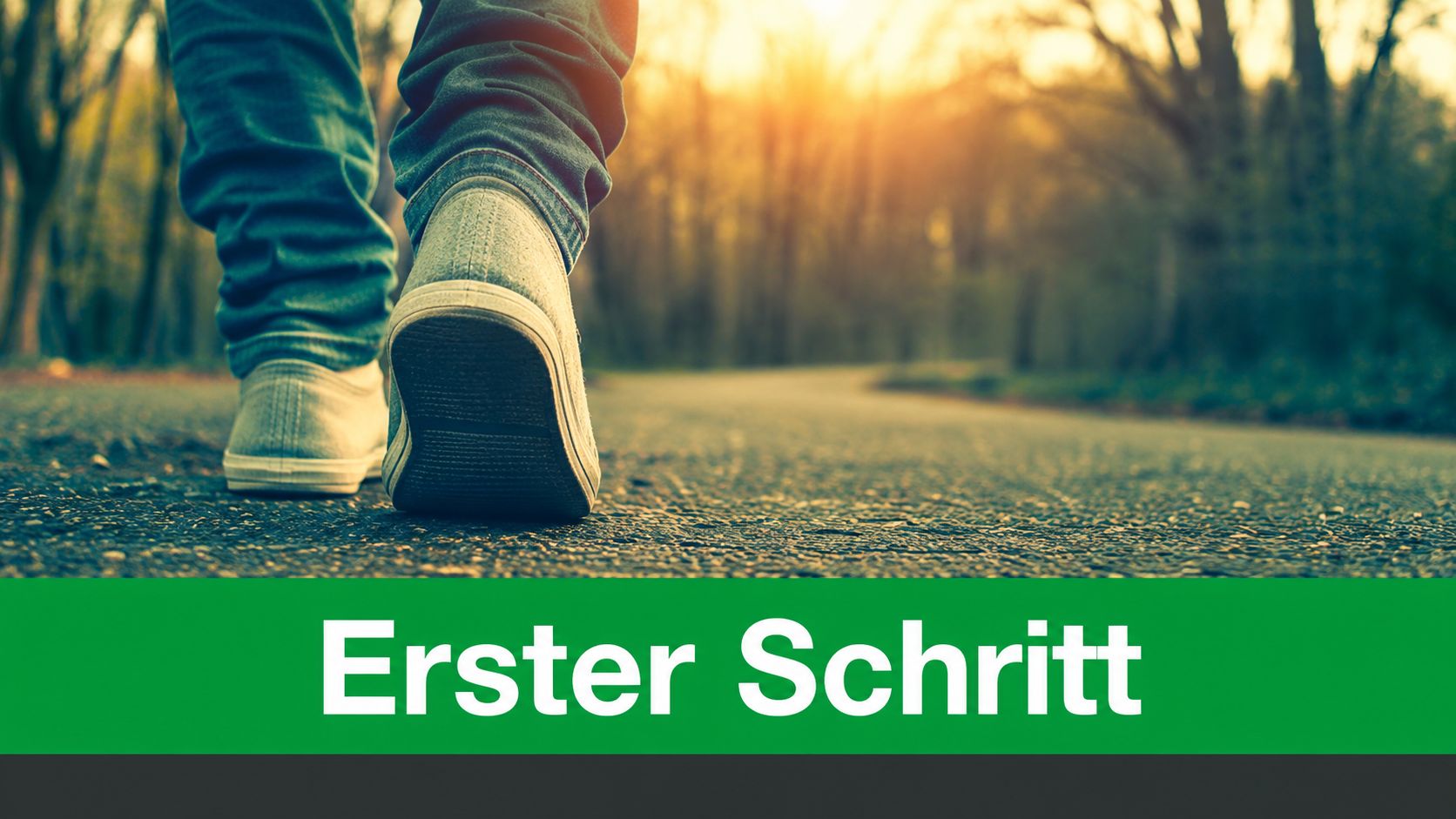 Ein Paar in Jeans und Turnschuhen macht einen ersten Schritt auf einem sonnigen Weg im Wald.