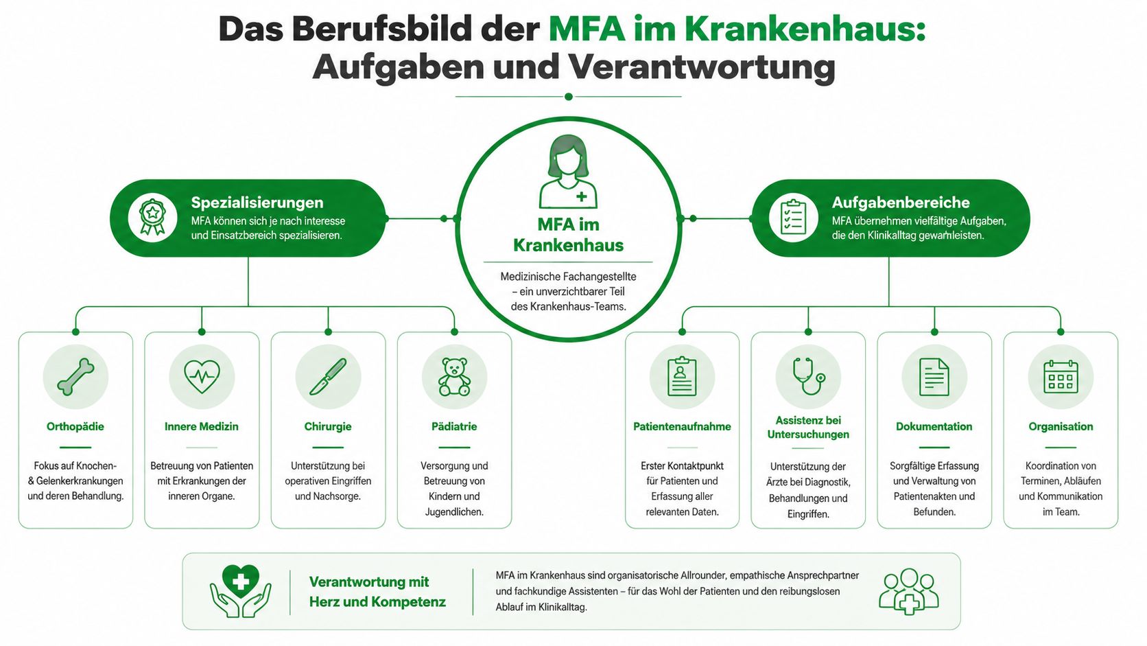 Infografik über das vielfältige Berufsfeld und die Aufgaben von Medizinischen Fachangestellten im Krankenhaus.