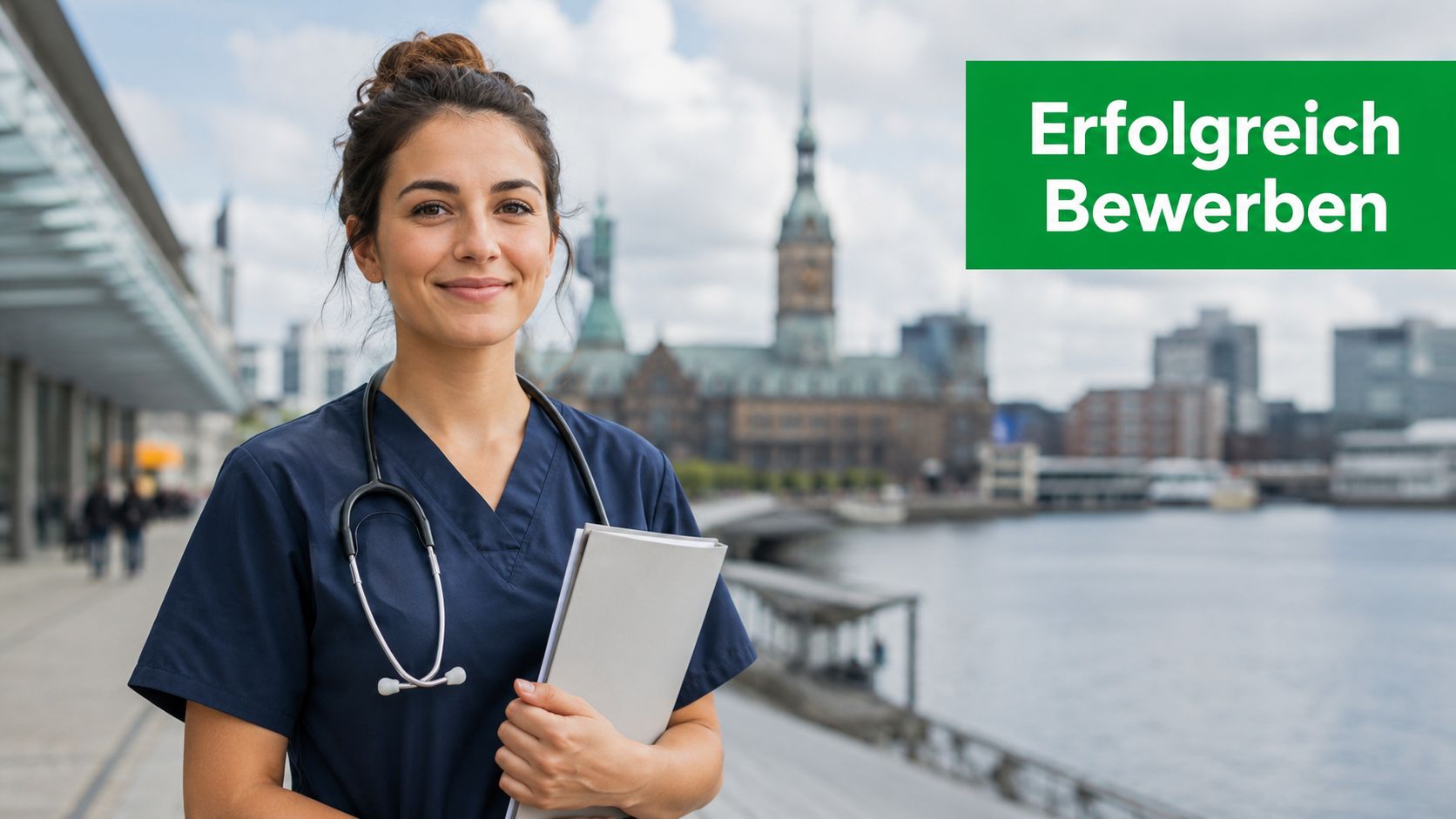 Eine lächelnde Krankenschwester mit Stethoskop und Mappe steht vor dem Rathaus am Hamburger Rathausmarkt.