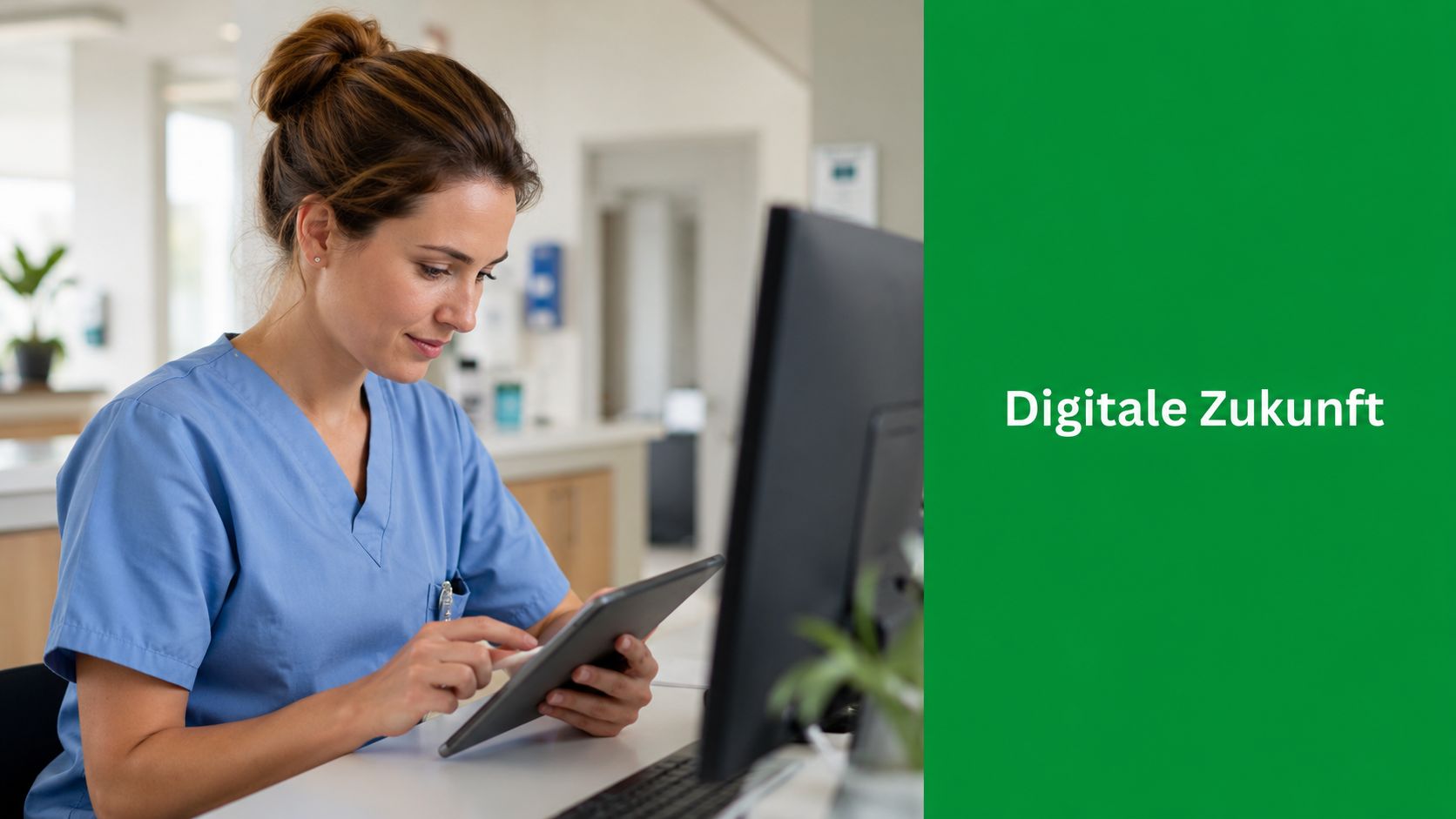 Eine Krankenschwester in blauer Arbeitskleidung arbeitet konzentriert an einem Tablet in einem modernen Krankenhaus oder einer Arztpraxis.
