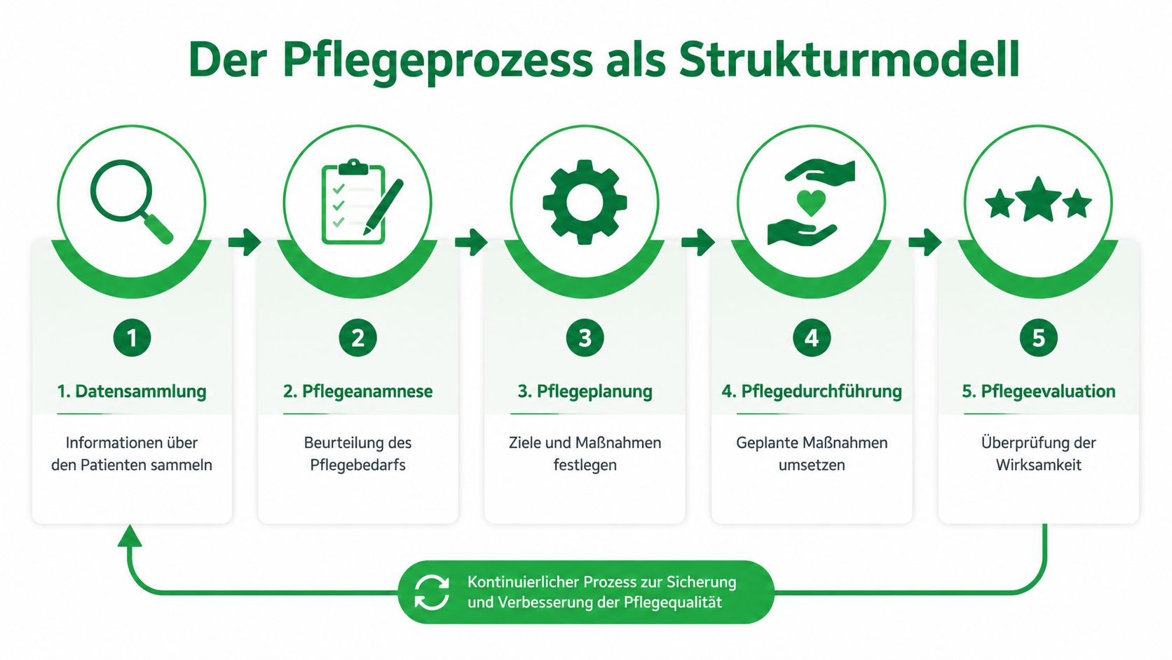Eine Infografik stellt den fünfstufigen Pflegeprozess als Strukturmodell mit den Schritten von der Datensammlung bis zur Evaluation dar.