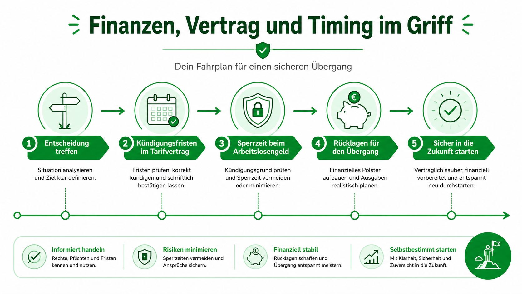 Ein grafischer Fahrplan in fünf Schritten für den sicheren Übergang aus dem Pflegeberuf mit Finanz- und Vertragstipps.