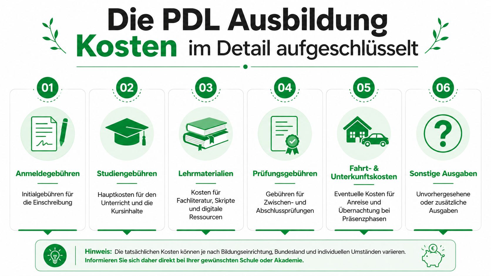 Eine Übersichtsgrafik, die die verschiedenen Kostenpunkte einer PDL-Ausbildung in sechs verständlichen Schritten detailliert auflistet.