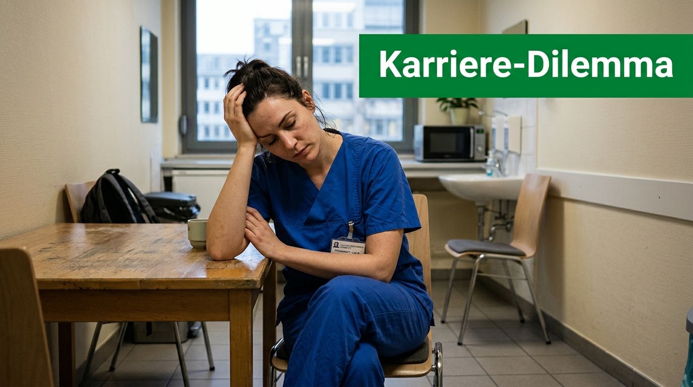Eine erschöpfte Krankenschwester sitzt in einem Pausenraum und denkt über ihr berufliches Karrieredilemma im Gesundheitswesen nach.