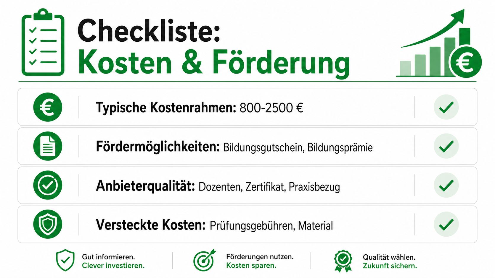 Eine Checkliste für Kosten und Förderung bei der Praxisanleiter Fortbildung mit Hinweisen zu Qualität und Kosten.
