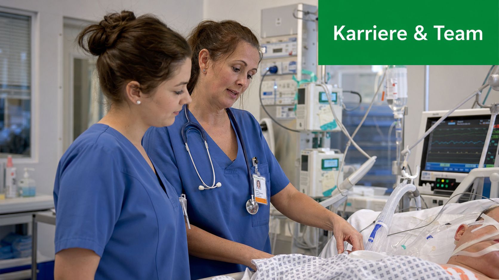 Zwei medizinische Fachkräfte in blauer Arbeitskleidung betreuen einen Patienten auf einer modernen Intensivstation im Krankenhaus.