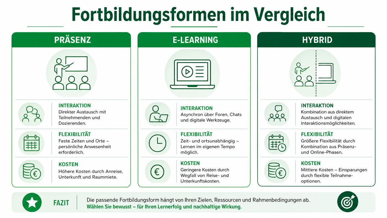 Vergleich der drei Fortbildungsformen Präsenz, E-Learning und Hybrid hinsichtlich Interaktion, Flexibilität und Kosten für die berufliche Weiterbildung.