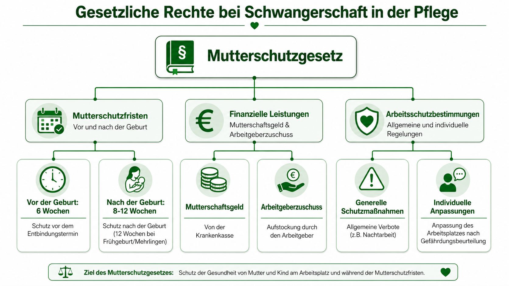 Übersichtsgrafik der gesetzlichen Rechte bei Schwangerschaft in der Pflege basierend auf dem deutschen Mutterschutzgesetz.