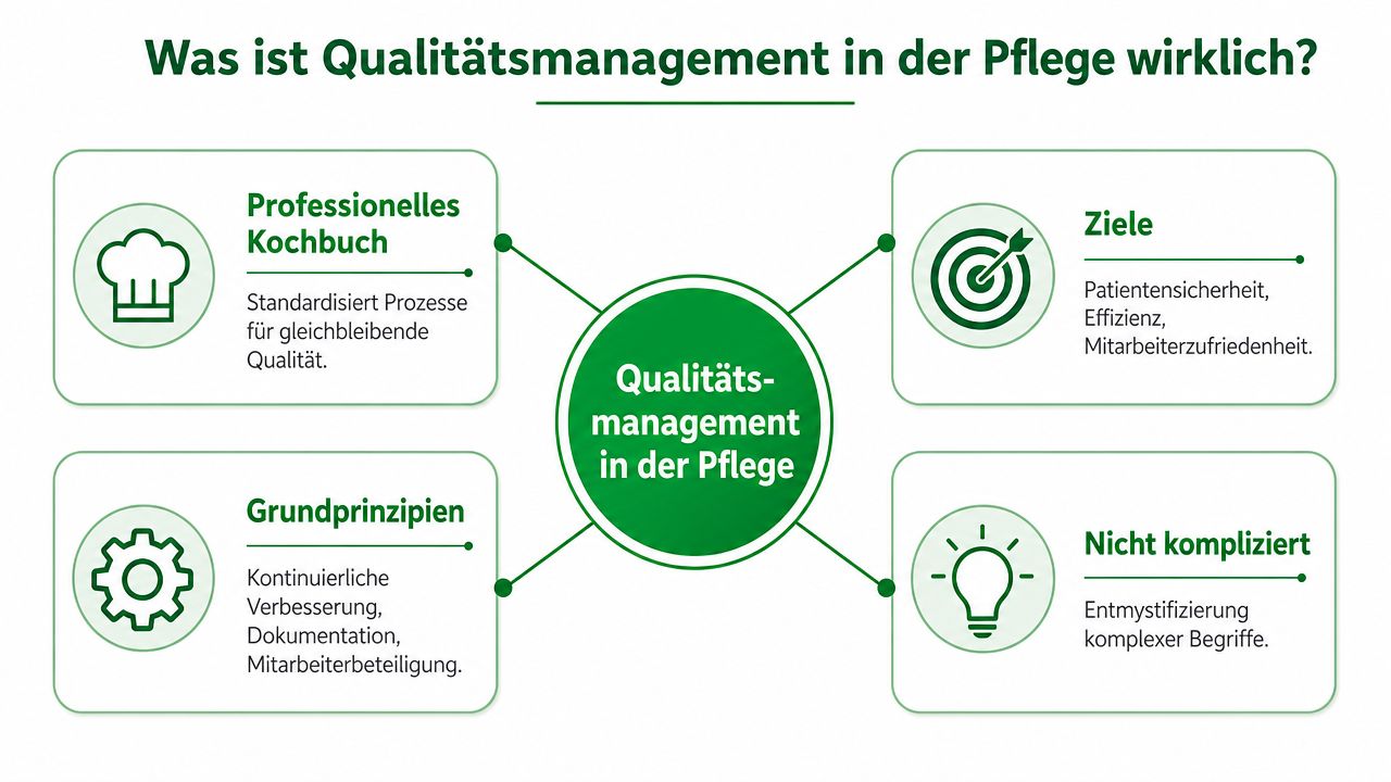 Eine Übersichtsgrafik, die die zentralen Aspekte und Ziele des Qualitätsmanagements in der Pflege anschaulich erklärt.