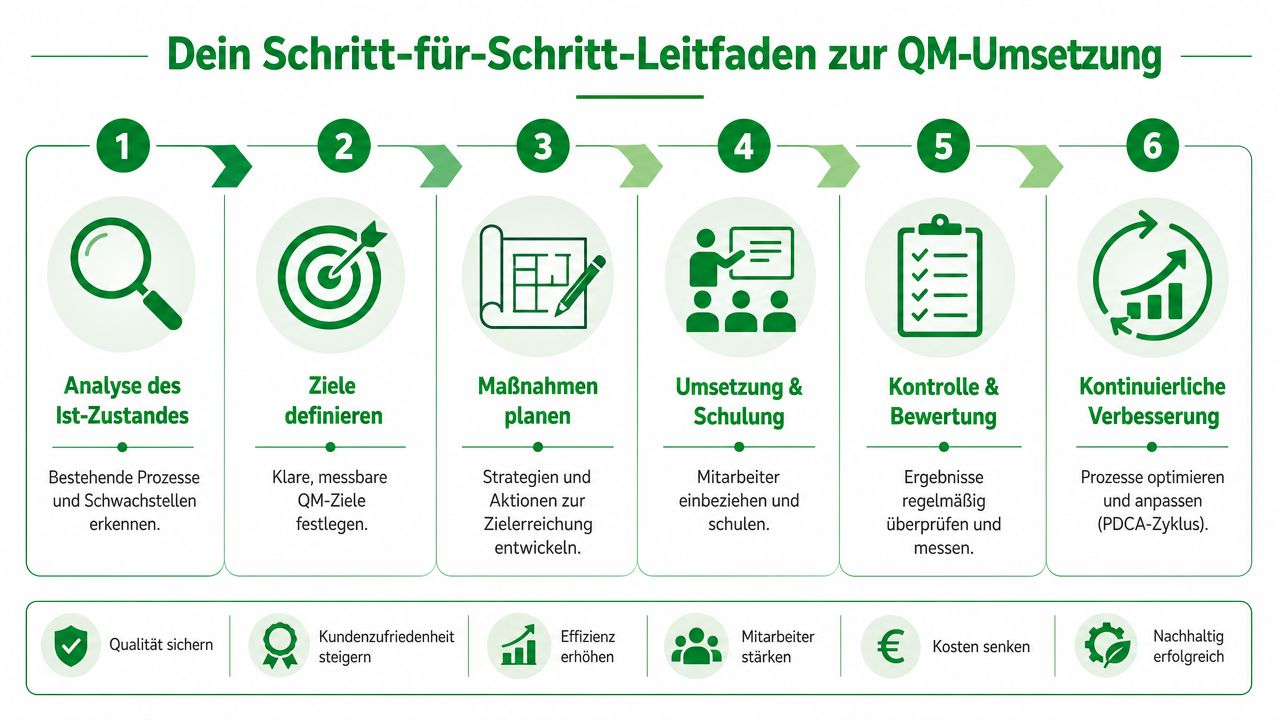 Ein sechsstufiger Leitfaden für die Implementierung von Qualitätsmanagement, von der Ist-Analyse bis zur kontinuierlichen Verbesserung.