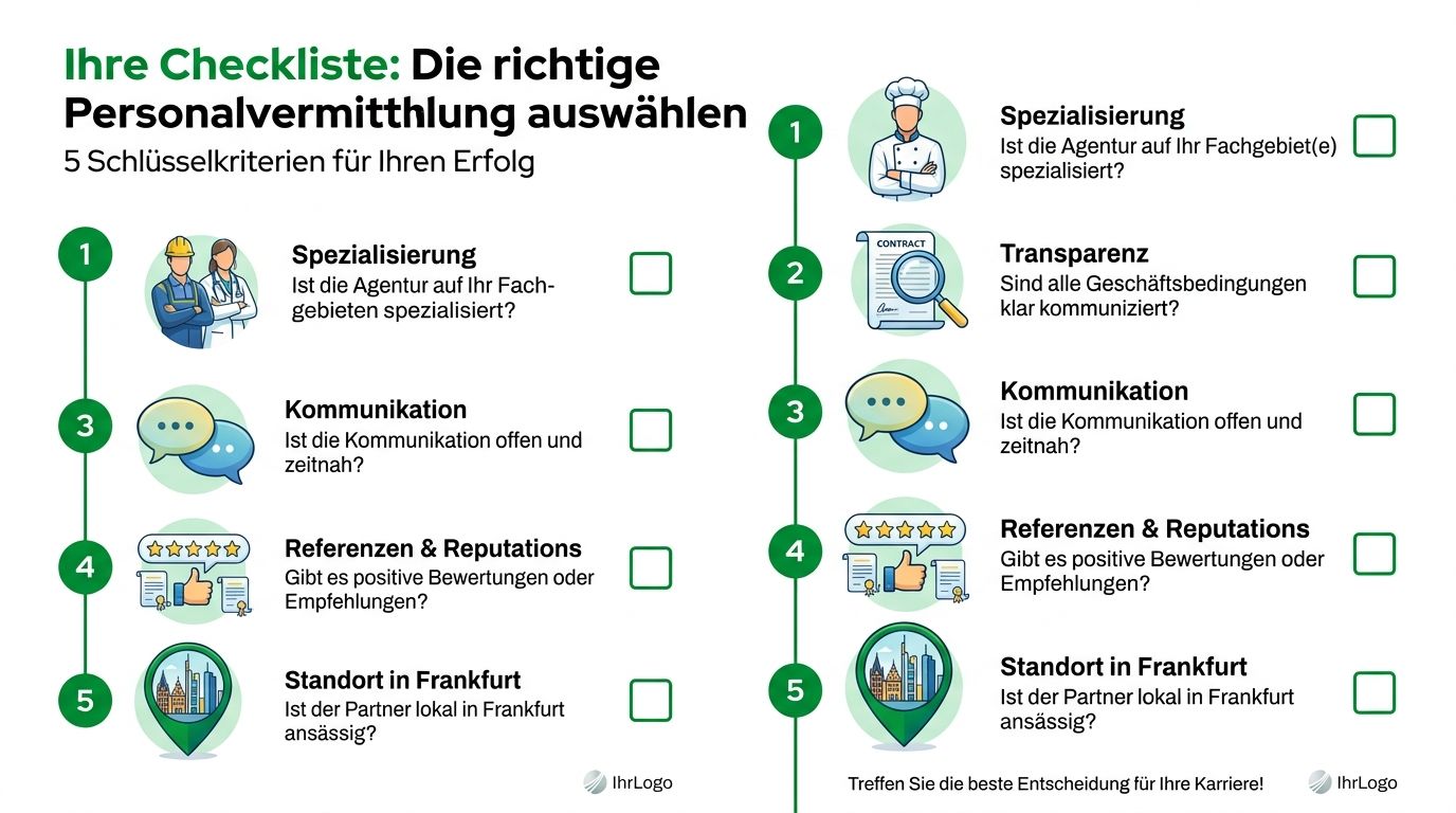 Eine Checkliste für die Auswahl der richtigen Personalvermittlung mit fünf wichtigen Kriterien für Ihren beruflichen Erfolg in Frankfurt.