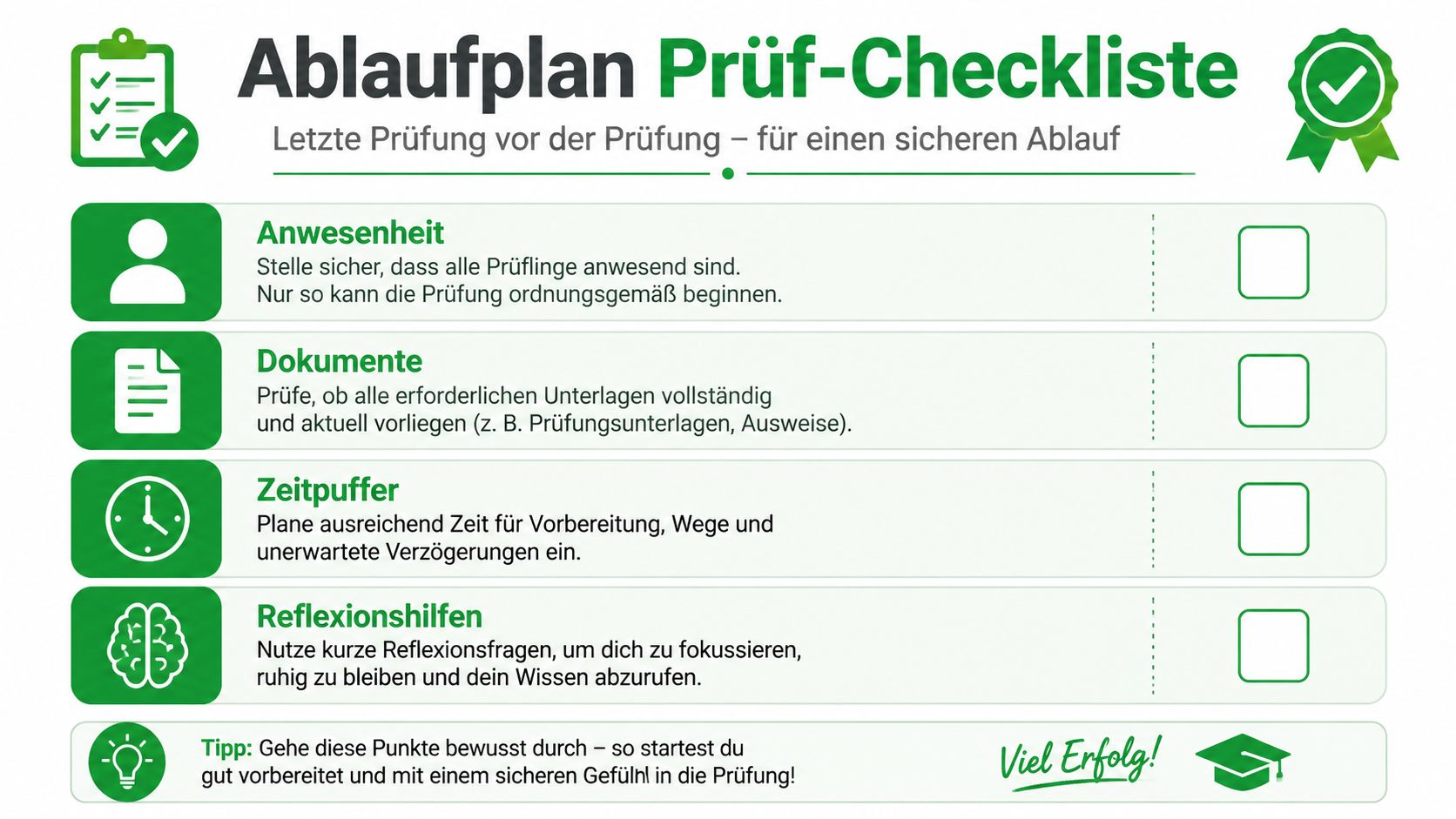 Eine grüne Prüf-Checkliste mit hilfreichen Tipps für einen sicheren und gut organisierten Ablauf vor einer Prüfung.