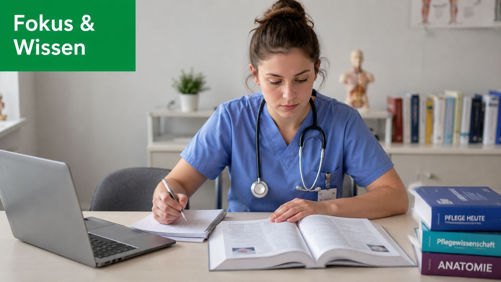 Eine junge Krankenschwester lernt an einem Schreibtisch mit einem Laptop und einem medizinischen Lehrbuch für ihre Prüfung.